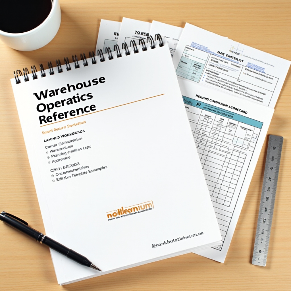 Neatly organised logistics training reference pack with printed templates and checklists laid out on a desk