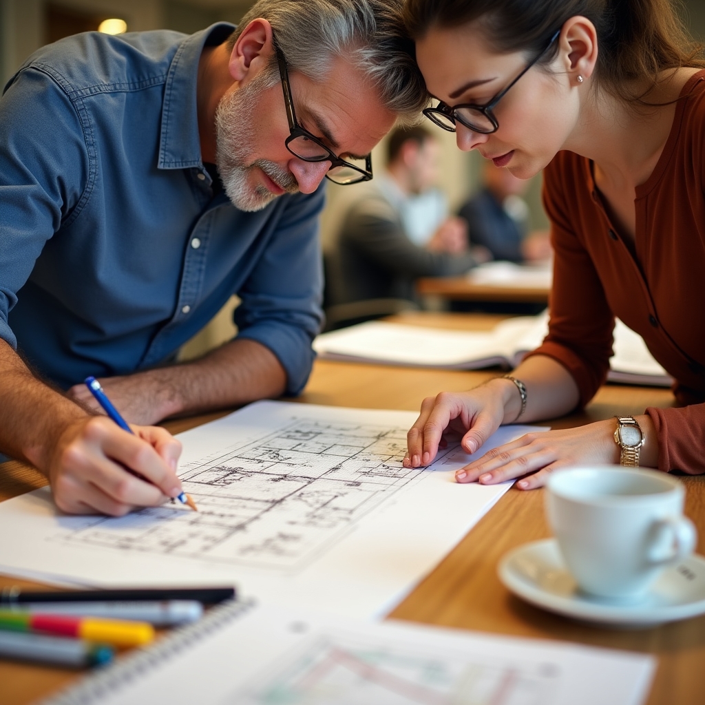 Two participants working on a floor plan drawing exercise to redesign a small warehouse layout during a training programme
