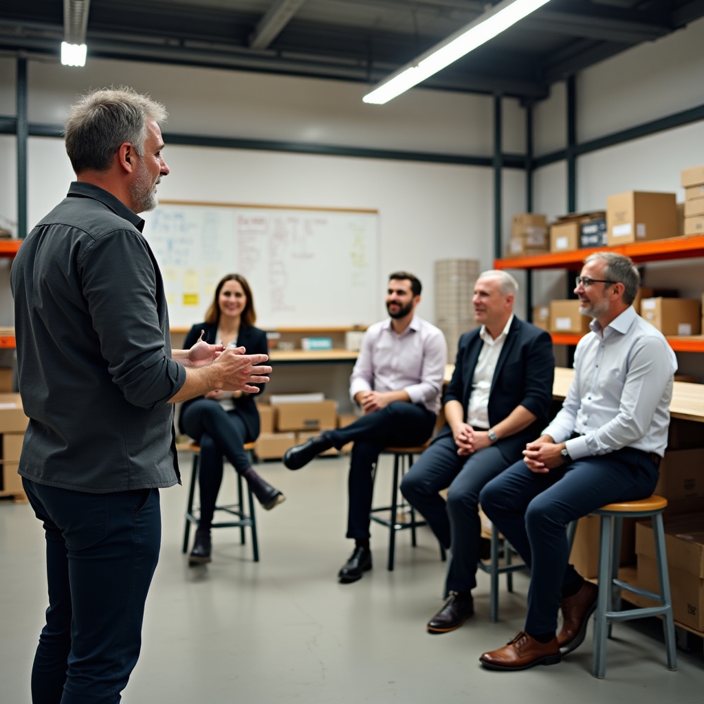 Logistics trainer leading a warehouse operations session with a small Irish business team